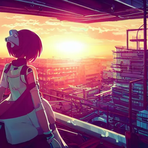 Prompt: android mechanical cyborg anime girl child overlooking overcrowded urban dystopia. long flowing soft hair. scaffolding. pastel pink clouds baby blue sky. gigantic future city. raining. makoto shinkai. wide angle. distant shot. purple sunset. perfectly circular sun. sunset ocean reflection.