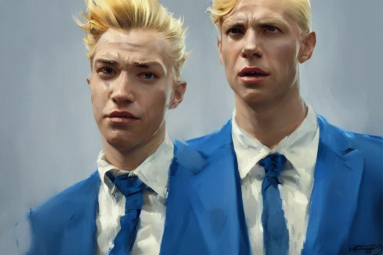 Prompt: greg manchess portrait of a blond man in a blue suit shock of being hurt, organic painting, sunny day, matte painting, bold shapes, hard edges, street art, trending on artstation, by huang guangjian, gil elvgren, ruan jia, randy vargas, greg rutkowski