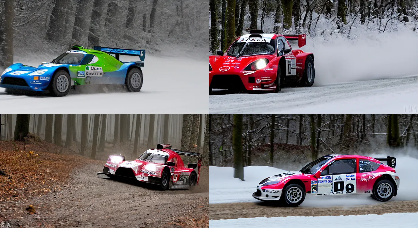 Prompt: a 2 0 0 9 lola b 0 9 / 8 6 mazda, racing through a rally stage in a snowy forest