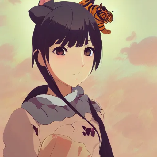 Image similar to a tiger wearing a dress, illustration concept art anime key visual trending pixiv fanbox by wlop and greg rutkowski and makoto shinkai and studio ghibli and kyoto animation symmetrical facial features