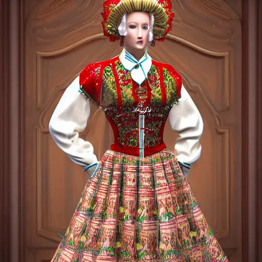 Image similar to ornate serbian traditional dress, fashion design, dress display, hyperrealistic, rendered 4 k, full view