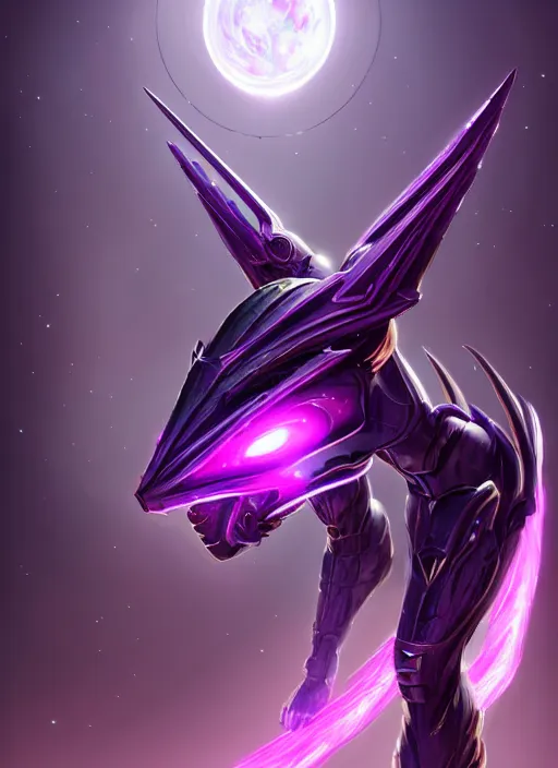 Image similar to cinematic close body, cosmic sized beautiful stunning giant robot mechan hot female dragon goddess, sharp sleek cyborg dragon head, sharp metal ears, smooth purple eyes, smooth fuschia skin, smooth silver armor, nebula, epic proportions, epic scale, macro furry, furry art, dragon art, goddess art, giantess art, warframe, warframe fanart, furaffinity, octane