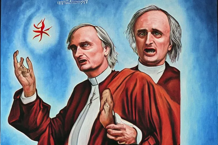 Prompt: painting of Richard Dawkins as High Satanic Priest, in style of Ghana movie poster