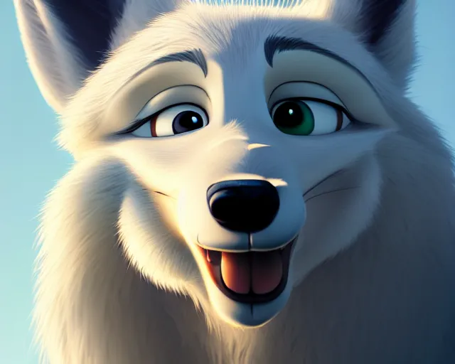 Image similar to portrait of cute white wolf in the style of zootopia, volumetric light, artstation, concept art, 8 k, high detail, perfect