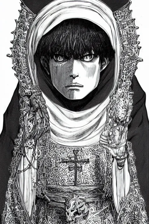 Image similar to portrait of Daniel Trejo as church nun, intricate, highly detailed, artstation, manga illustration by Kentaro Miura