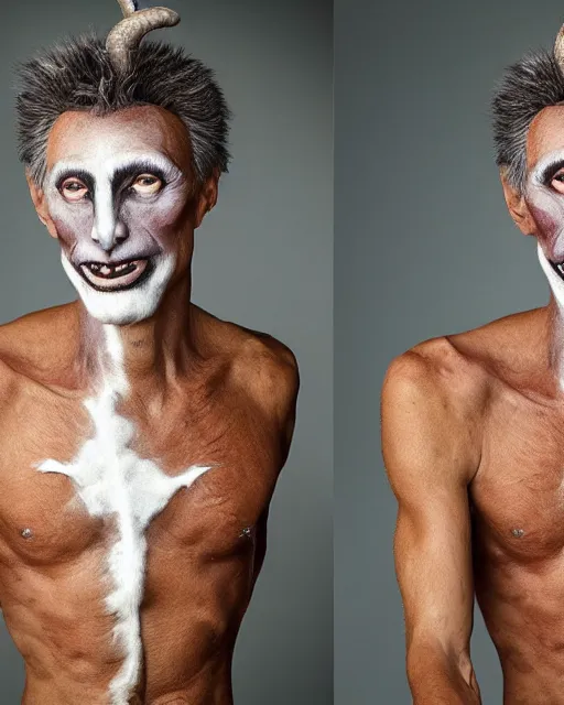 Image similar to Mauricio Macri in Elaborate Pan Satyr Goat Man Makeup and prosthetics designed by Rick Baker, Hyperreal, Head Shots Photographed in the Style of Annie Leibovitz, Studio Lighting