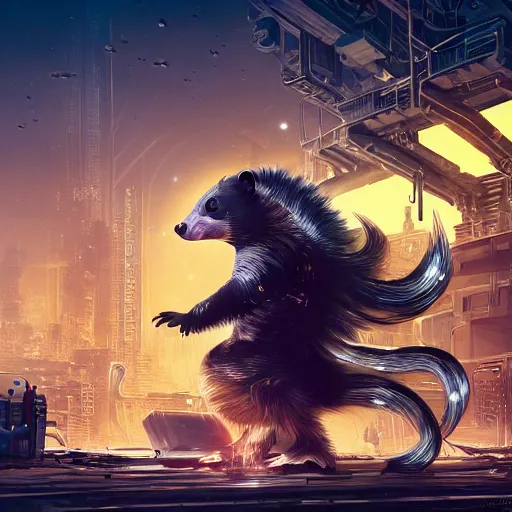 Image similar to a mechanical skunk cyborg polluting a post-apocalyptic city, digital art, highly detailed, intricate, sci-fi, neon colors, sharp focus, Trending on Artstation HQ, deviantart, unreal engine 5, 4K UHD image