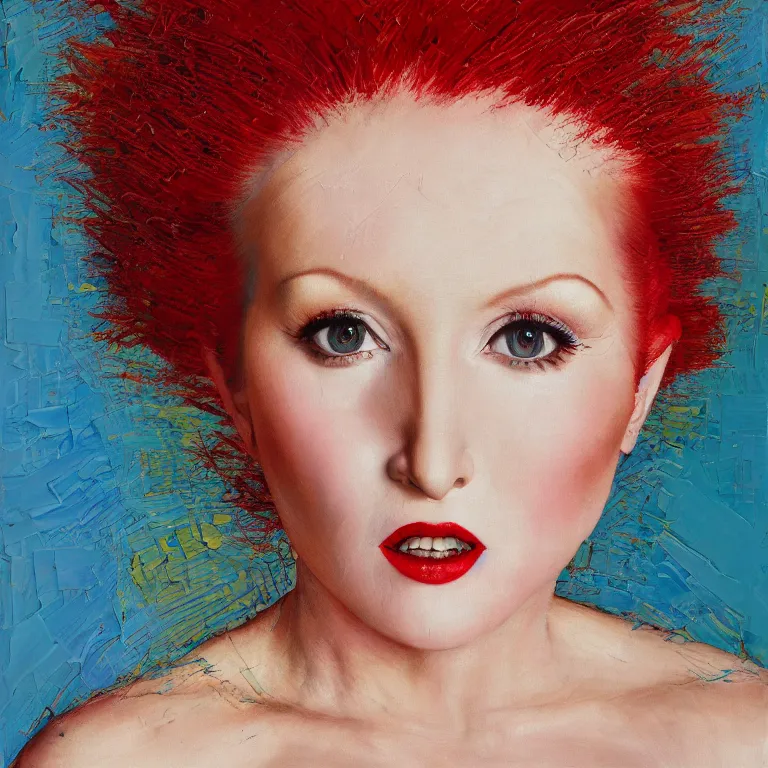 Image similar to close up studio portrait of Cindy Lauper beautiful symmetrical face wearing an Issey Miyake dress in 1985, impasto heavy brushstrokes oil painting by Norman Rockwell and Tim Hawkinson and Cy Twombly, Intense colors trending on artstation dramatic lighting Expressionism