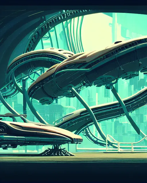 Image similar to simplicity, a roller coaster made out of weird organic creatures, in the style of a streamlined asymmetrical spaceship, bleak apocalyptic environment, by dan mumford, yusuke murata, makoto shinkai, ross tran, cinematic, unreal engine, cel shaded, featured on artstation, pixiv