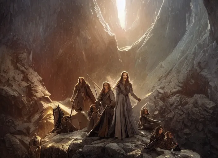 Image similar to a dramatic highly detailed render of the family of Eowyn and Thorin Oakenshield, Middle-earth , by WLOP and Artgerm and Greg Rutkowski and Alphonse Mucha, Beautiful dynamic dramatic dark moody lighting, shadows, cinematic atmosphere, Artstation, Octane render, 8K, masterpiece, sharp focus, hyperrealistic, photograph