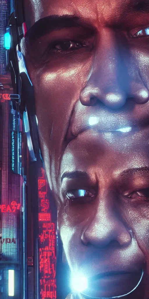 Image similar to “beautiful up close photo of Obama staring toward camera while sitting in the streets of night city’s corpo plaza, cyberpunk 2077”