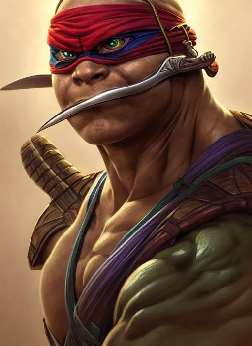 Image similar to Portrait of ninja turtle, D&D, muscular, fantasy, intricate, elegant, highly detailed, digital painting, artstation, concept art, smooth, sharp focus, illustration, art by artgerm and greg rutkowski and alphonse mucha