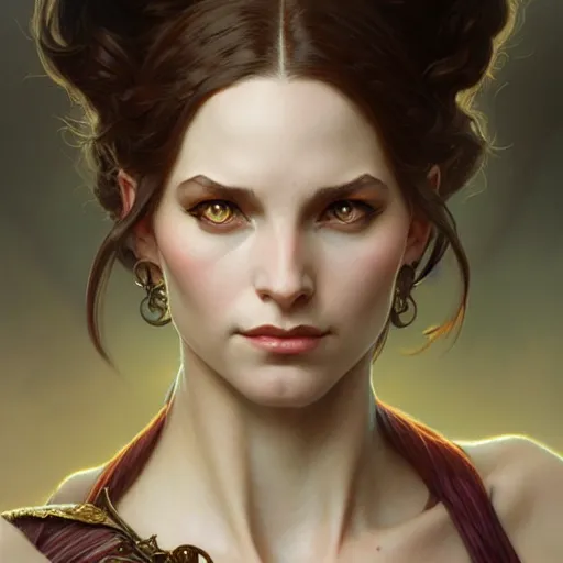 Image similar to ,portrait of an female tiefling, D&D, fantasy, intricate, elegant, highly detailed, digital painting, artstation, concept art, smooth, sharp focus, illustration, art by artgerm and greg rutkowski and alphonse mucha