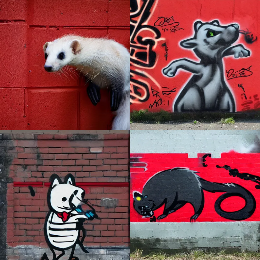 Prompt: ( ( ( red + black ) ( furry fandom ) ( fursona ) ( weasel * ferret * stoat ) ) + ( smoke * backing ) ) = ( wall + graffiti )