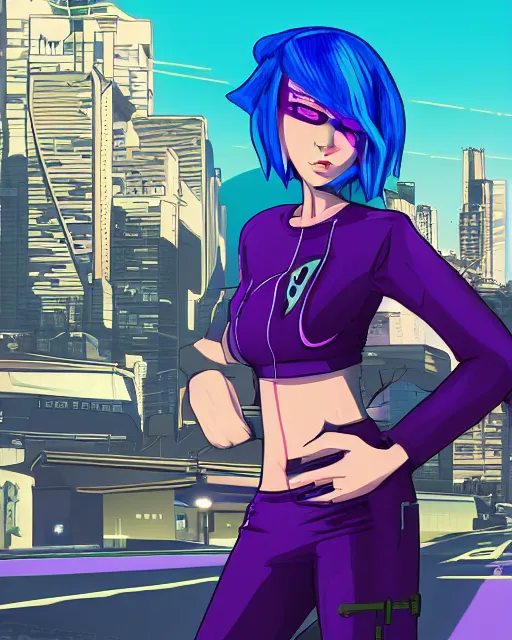 Image similar to cel shaded art of a pretty blue haired girl standing next to a purple lamborghinil, jet grind radio graphics, cyberpunk city street background