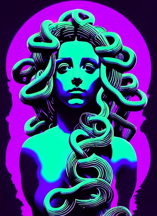 Prompt: statue of medusa, beeple, android jones, ( ( ( ( ( dan mumford ) ) ) ) ), vaporwave, retrowave, black background, neon wiring, black, glitch, strong contrast, cuts, pinterest, trending on artstation