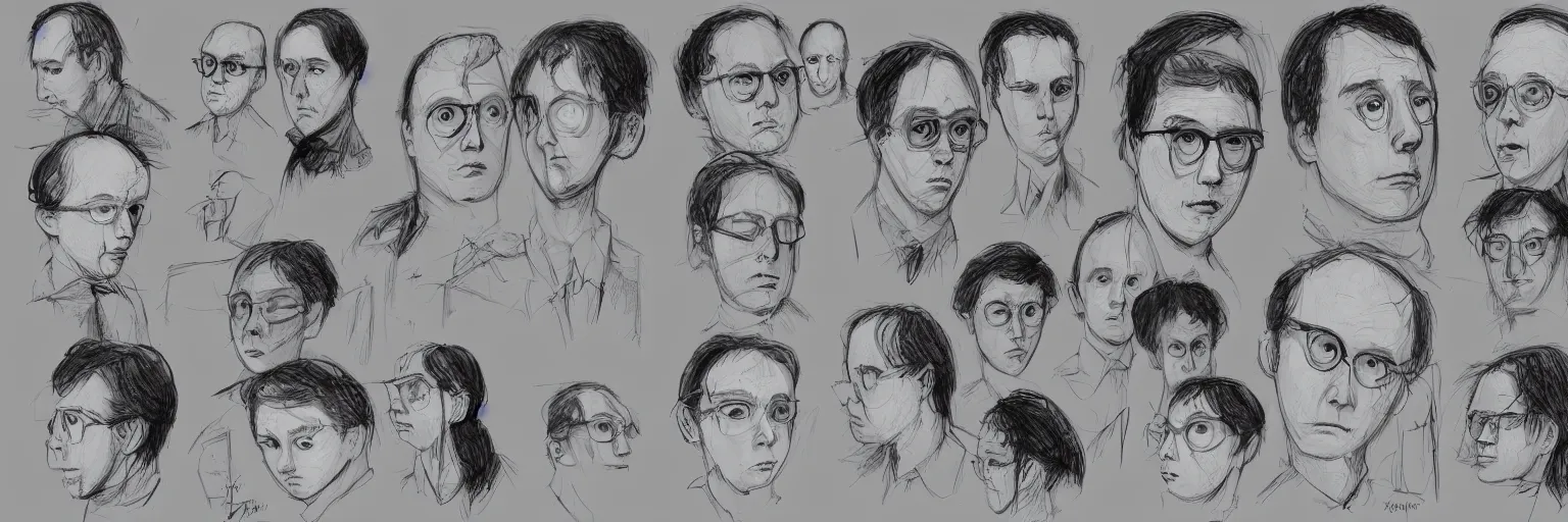 Image similar to character study of todd solondz and paul dano, 2 0 2 2, clear faces, emotional, character sheet, fine details, concept design, contrast, kim jung gi, pixar and da vinci, trending on artstation, 8 k, full body and head, turnaround, front view, back view, ultra wide angle