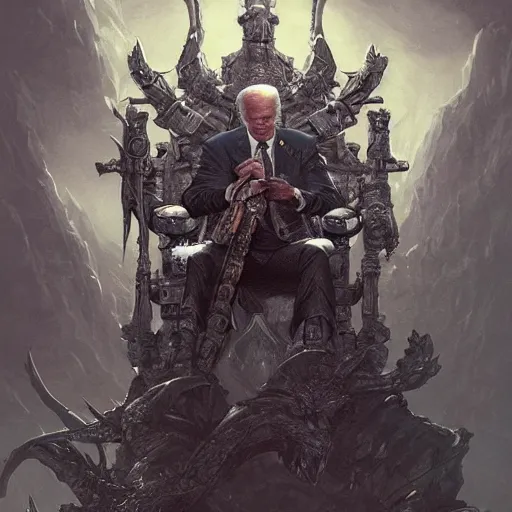 Image similar to joe biden atop a throne of skulls, fantasy, highly detailed, digital painting, artstation, cigarette, concept art, sharp focus, illustration, octane render, art by artgerm and greg rutkowski and magali villeneuve, dark color scheme