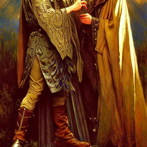 Image similar to stunning arthur pendragon in love with stunning male merlin the mage. they are close to each other. highly detailed painting by gaston bussiere, craig mullins, j. c. leyendecker