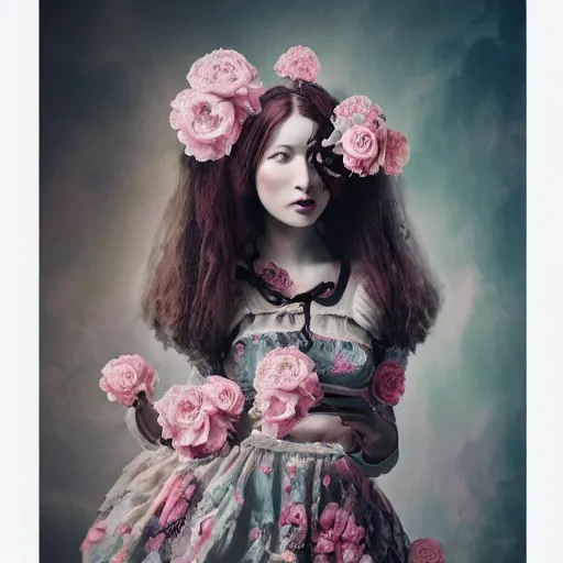 Prompt: 8 k, octane render, realism, tonalism, renaissance, rococo, baroque, cotton candy, creepy young lady wearing long harajuku manga dress with flowers and skulls ( background chaotic flowers )