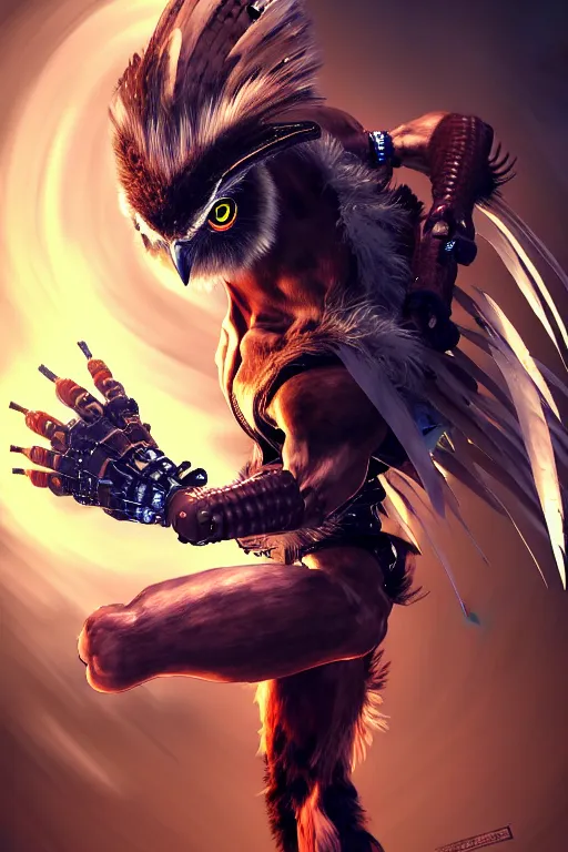 Image similar to Tekken 4 fighter anime Stunning Portrait Robot Owl with feathers all over its body, short black feathers with a samurai sword on its back, in a fighting stance, digital painting, artstation, concept art, soft light, hdri, smooth, sharp focus, illustration, art by tian zi, craig mullins, Mark Arian, WLOP, alphonse mucha