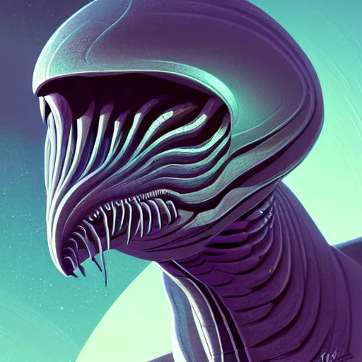 Image similar to professional concept art portrait of a predatory alien species on a depth of field background, by cam sykes. an intricate, elegant, highly detailed digital painting, concept art, smooth, sharp focus, illustration, in the style of syd mead.