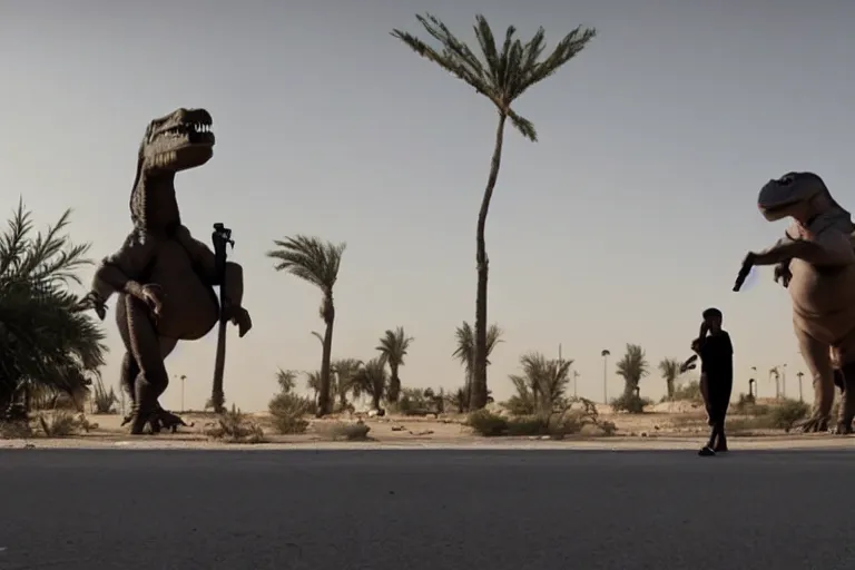 Image similar to cinematography dinosaurs in the streets of Abu Dhabi by Emmanuel Lubezki