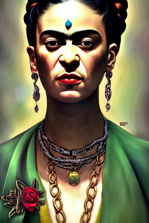 Prompt: rap album cover featuring frida kahlo wearing gangster thug outfit, staring directly into camera, intricate, elegant, dramatic lighting, highly detailed, digital painting, artstation, sharp focus, illustration, art by wlop, mars ravelo and greg rutkowski, album cover, parental advisory