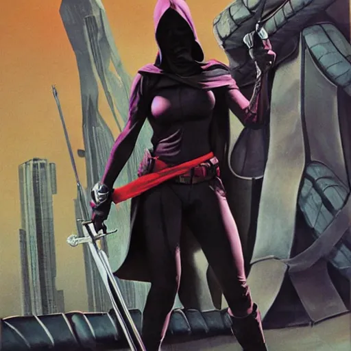 Prompt: female assassin with a hood, gaiter, and skeleton spandex, by alex ross