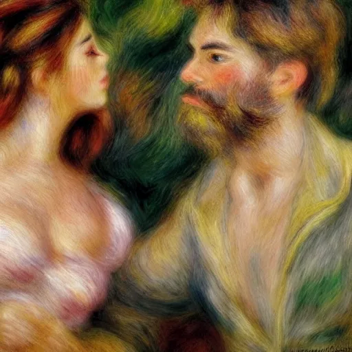 Prompt: a perfect painting, intricated detailed painting in the style of Pierre-Auguste Renoir, of a dream that I dreamt that we left all the pain and sorrows behind. We looked into our eyes as we placed our hands on each other’s chest, and all the love and happiness that had been dampened by our wounds emerged like a sprout. It felt like home. Our bodies were covered by soothing colors. Blue, violet, pink and white rays of light caressed our hearts, and suddenly, we were one. It was always meant to be that way, even though our heads tried to fool us in the past. We were one. ethereal lights, details, smooth, sharp focus, illustration, realistic, cinematic, artstation, award winning, rgb , unreal engine, octane render, cinematic light, macro, depth of field, blur, red light and clouds from the back, highly detailed epic cinematic concept art CG render made in Maya, Blender and Photoshop, octane render, excellent composition, dynamic dramatic cinematic lighting, aesthetic, very inspirational, arthouse.