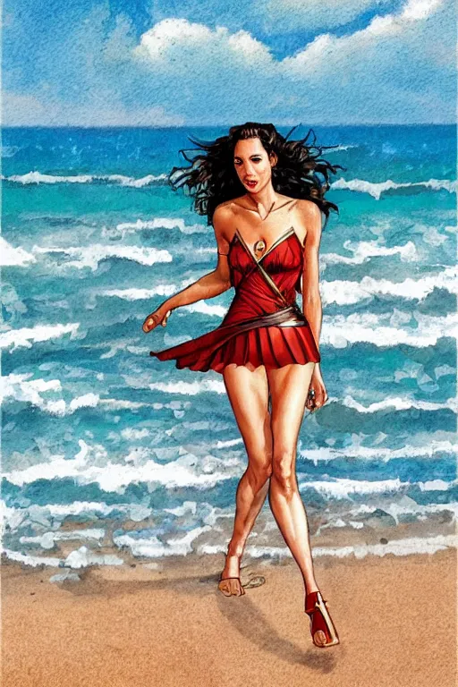 Image similar to full body illustration of gal gadot on the beach in the style of steve hanks, 4 k, detailed, 1 / 3 headroom, rule of thirds