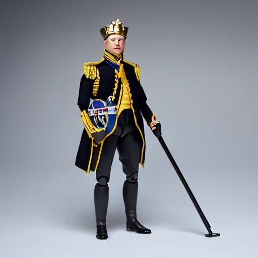 Image similar to plastic action figure of king george iii, wide shot, studio lighting, high resolution product photography