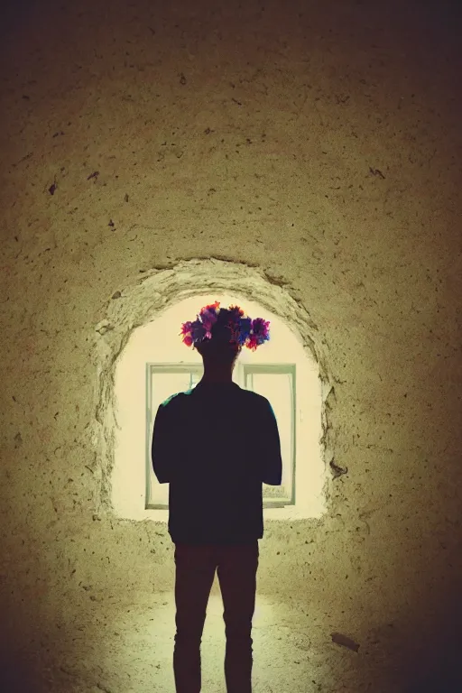 Image similar to kodak portra 4 0 0 photograph of a skinny guy looking into a otherworldly portal, flower crown, back view, vaporwave colors, grain, moody lighting, moody aesthetic,