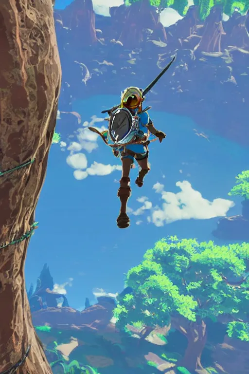 Prompt: in game footage of link from the legend of zelda breath of the wild climbing q tree, breath of the wild art style.