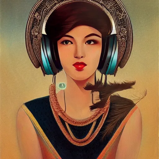 Prompt: intricate, amazing, art deco, retro vintage and romanticism, painting by natelle quek, soft color palette, highly detailed, godess with headphones from space sci - fi of ancient religion