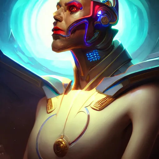 Image similar to a portrait of a handsome cybernetic egyptian god, cyberpunk concept art by pete mohrbacher and wlop and artgerm and josan gonzales, digital art, highly detailed, intricate, sci-fi, sharp focus, Trending on Artstation HQ, deviantart, unreal engine 5, 4K UHD image