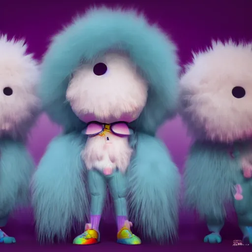 Image similar to misbehaving soft fuzzy monster musicians, in the style of billelis and james jean and pedro conti and stanley kubrick, inspired by die antwoord, kawaii colors, photorealistic, epic, super technical, 3 d render