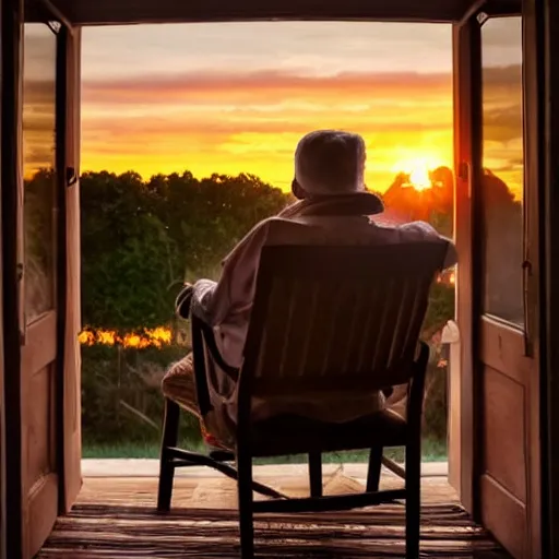 Image similar to A very old man, sitting in a chair in front of a window, looking out at a beautiful sunset award winning photograph