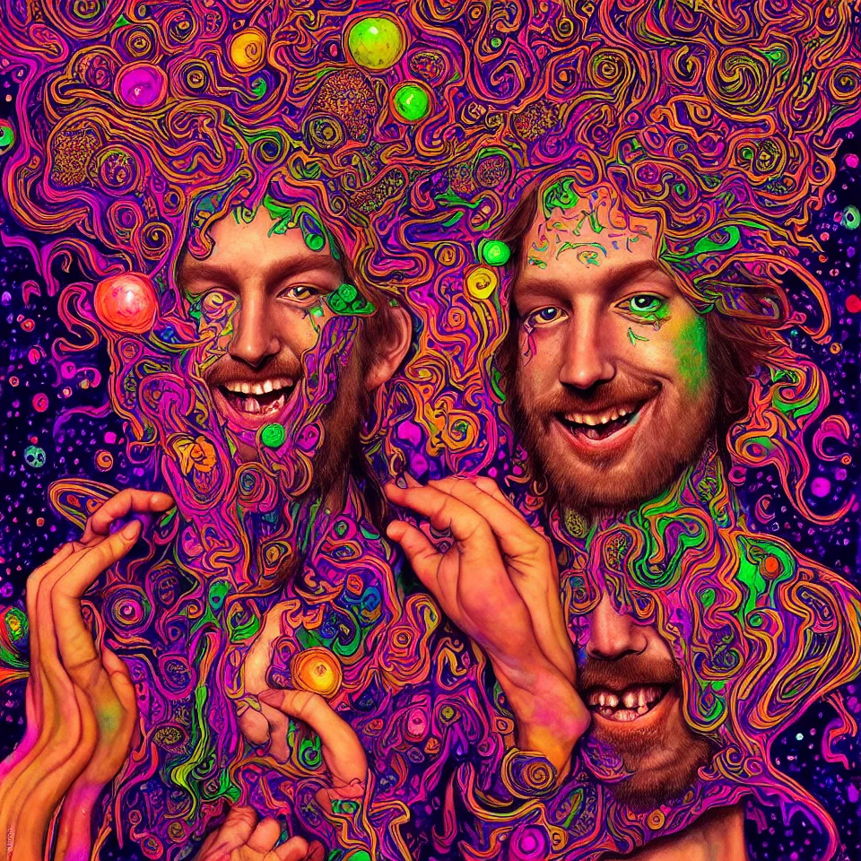Image similar to happy psychedelic portrait of stoner tripping on lsd and becoming mushrooms, smiling franticly, diffuse lighting, fantasy, intricate, elegant, highly detailed, lifelike, photorealistic, digital painting, artstation, concept art, smooth, sharp focus, art by john collier and albert aublet and krenz cushart and artem demura and francis bacon