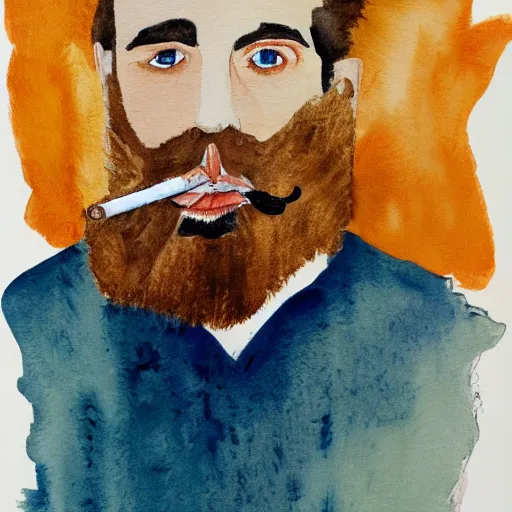 Image similar to Expressionism watercolor portrait of a man with a beard, he is smoking a cigarette, he is wearing a brown sweater