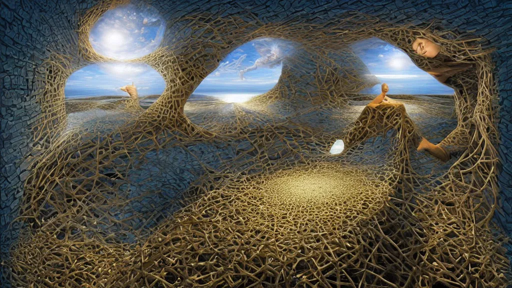 Image similar to birth of a psion surrealist art in the styles of igor morski, jim warren, and rob gonsalves, intricate, hyperrealistic, volumetric lighting