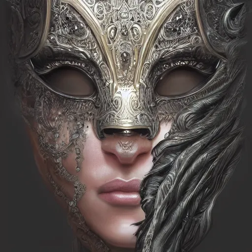 Image similar to Very very very very highly detailed epic photo of face with venetian mask, intricate, dystopian, sci-fi, extremely detailed, digital painting, artstation, concept art, smooth, sharp focus, illustration, intimidating lighting, incredible art by Artgerm and Anton Pieck