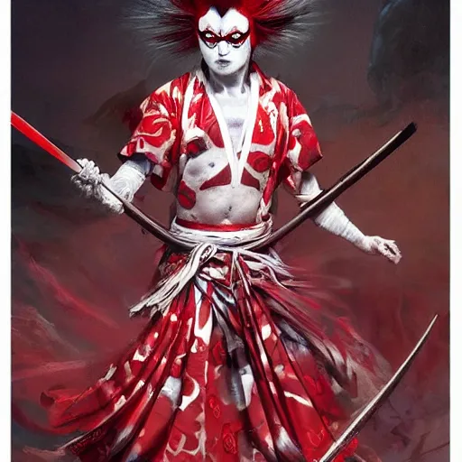 Image similar to an epic portrait of insane kabuki male wielding a spear and doing the nirami covered in a magical mist of insanity, intricate hakama, poofy red wig, eerie, highly detailed, dark fantasy, art by artgerm and greg rutkowski