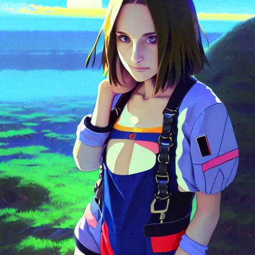 Image similar to beautiful boyish natalie portman gravure model in majora's mask, wearing big mayan bomber jacket with overalls and leotard, big bomber jacket with subtle mayan patterns, aztec bathing suit, gapmoe yandere grimdark, trending on pixiv fanbox, painted by greg rutkowski makoto shinkai takashi takeuchi studio ghibli, akihiko yoshida