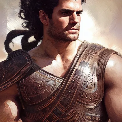 Image similar to Henry Cavill as a Greek gladiator, gorgeous, amazing, muscular, intricate, highly detailed, digital painting, artstation, concept art, sharp focus, illustration, art by greg rutkowski and alphonse mucha