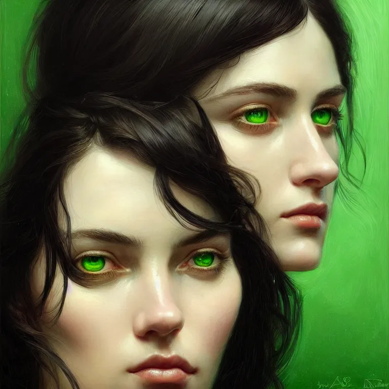 Image similar to portrait of sarah margaret qualley, black hair, green eyes, elegant, real life skin, intricate artwork, high detailed, artstation, concept art, smooth, sharp focus, art by artgerm and greg rutkowski @ ruprechy