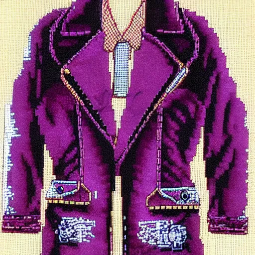 Prompt: velvet stitched smokers jacket, with cross stitch pattern, deep purple velvet, figure style, fashion magazine drawing