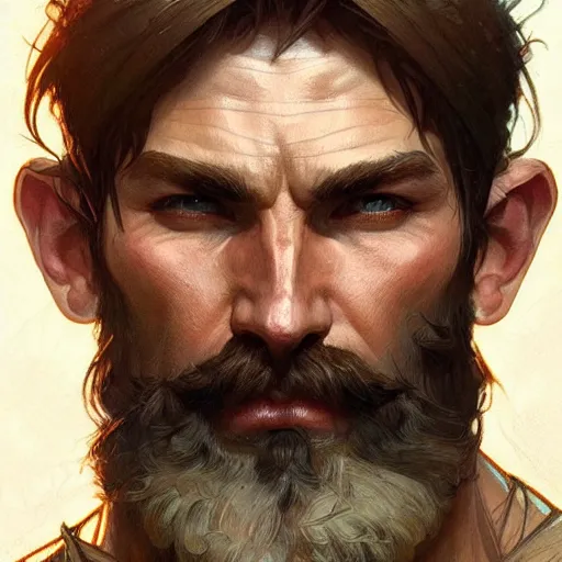 Image similar to Portrait of rugged male ranger, D&D, muscular, fantasy, intricate, elegant, highly detailed, digital painting, artstation, concept art, smooth, sharp focus, illustration, art by artgerm and greg rutkowski and alphonse mucha