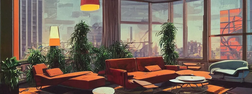 Image similar to concept art, retro - futurist penthouse, reflections, night lighting, designer furniture, high ceiling, 6 0 s colour palette, plants, flowers, floor lamps, multi - level, soft lighting, city view, bladerunner, james jean, syd mead, akihiko yoshida, cinematic