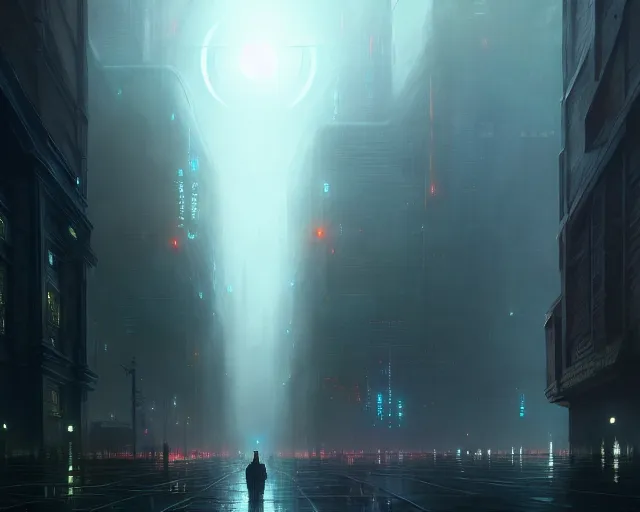 Image similar to great city being watched over by an all-seeing malevolent AI, a sci-fi digital painting by Greg Rutkowski and James Gurney, trending on Artstation, foreboding atmosphere, highly detailed